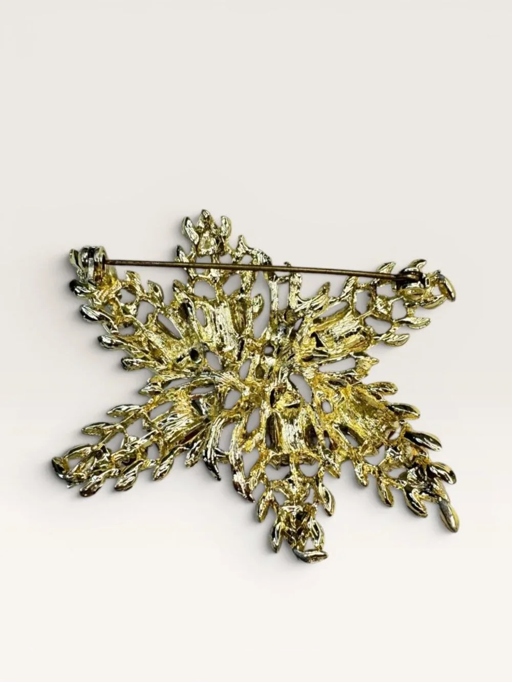 1950s Green Blue Crystal Gold Tone Abstract Foliage Brooch Vintage